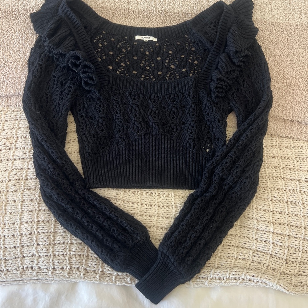 Tularosa Black Off-the-Shoulder Sweater with Ruffled Details